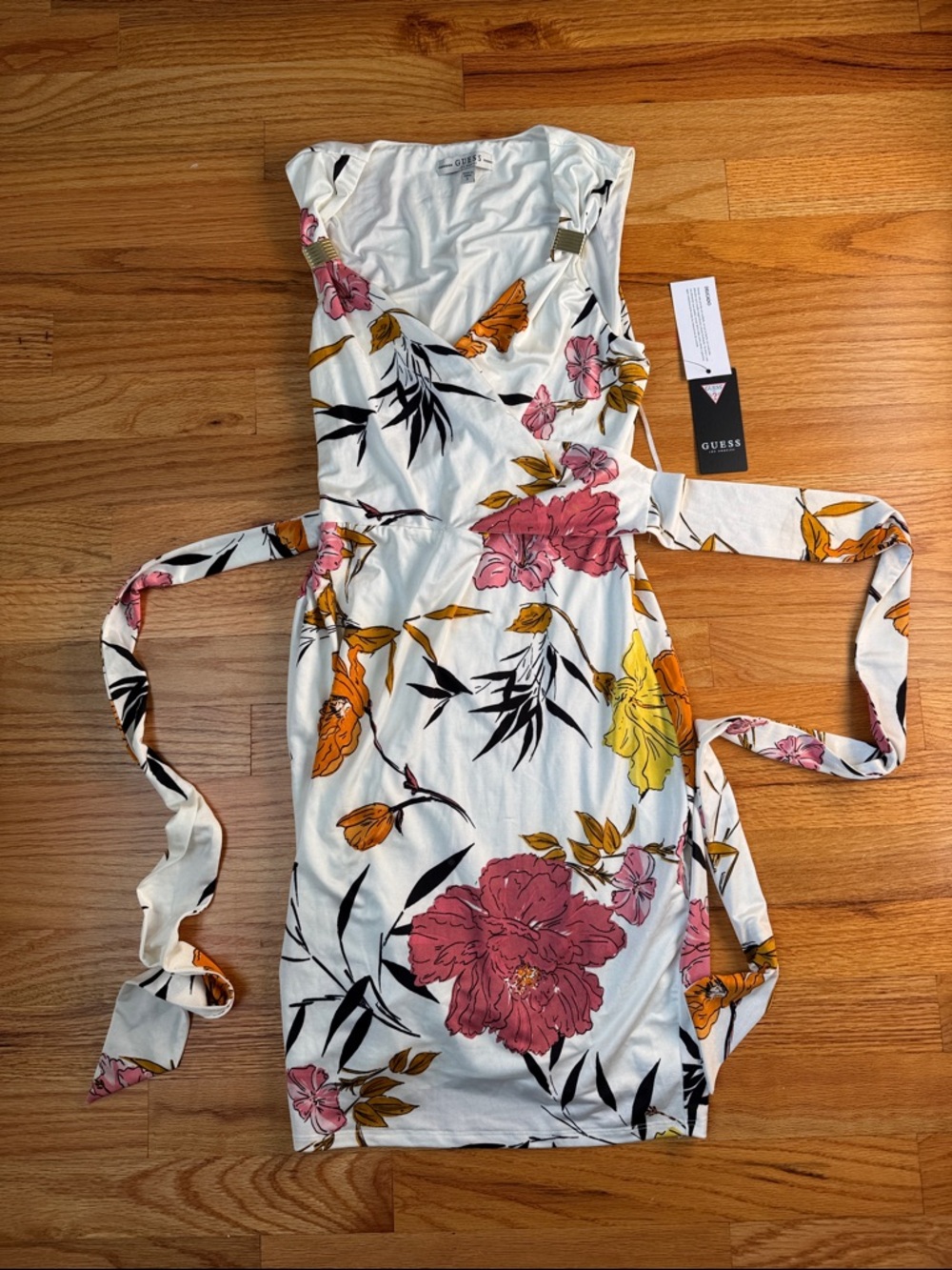 GUESS Cream Floral Midi Dress with Pink & Yellow Blooms. Size small. By Guess